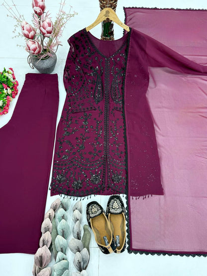 Outstanding Maroon Color Heavy Faux Georgette Sequence Palazzo Suit