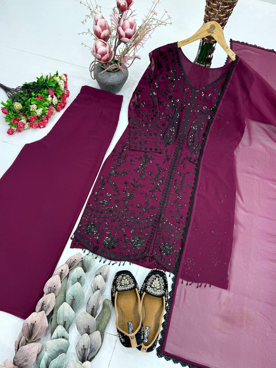 Outstanding Maroon Color Heavy Faux Georgette Sequence Palazzo Suit