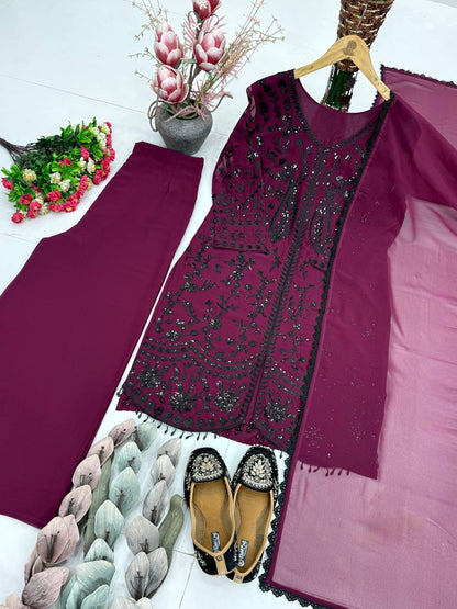 Outstanding Maroon Color Heavy Faux Georgette Sequence Palazzo Suit