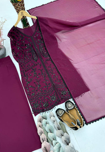 Outstanding Maroon Color Heavy Faux Georgette Sequence Palazzo Suit