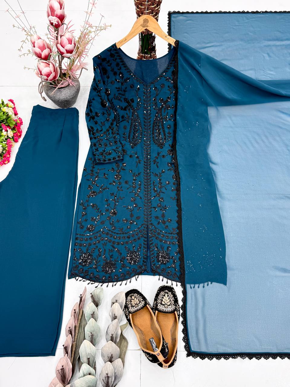 Wonderful Blue Color Heavy Faux Georgette Sequence Palazzo Suit