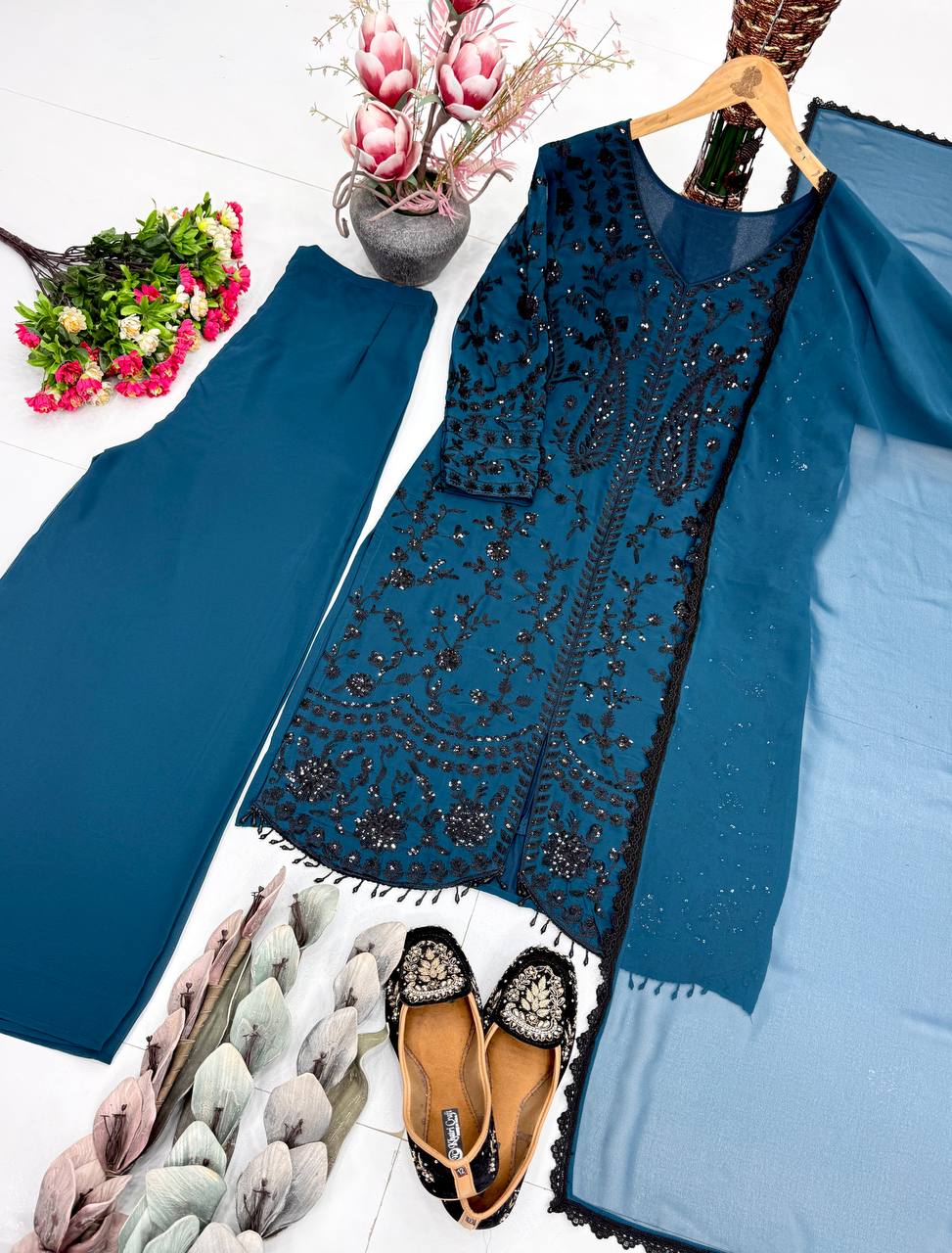 Wonderful Blue Color Heavy Faux Georgette Sequence Palazzo Suit