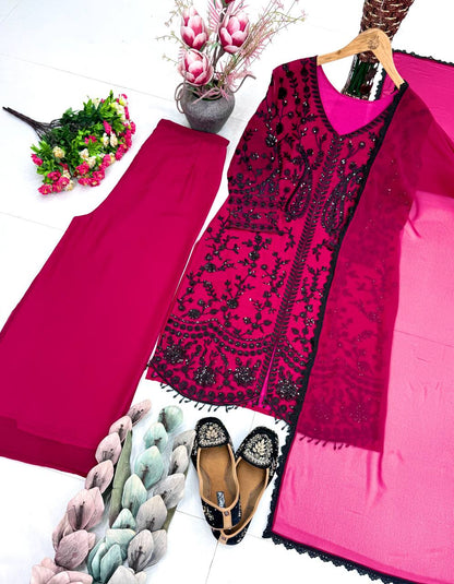 Ravishing Pink Color Heavy Faux Georgette Sequence Palazzo Suit