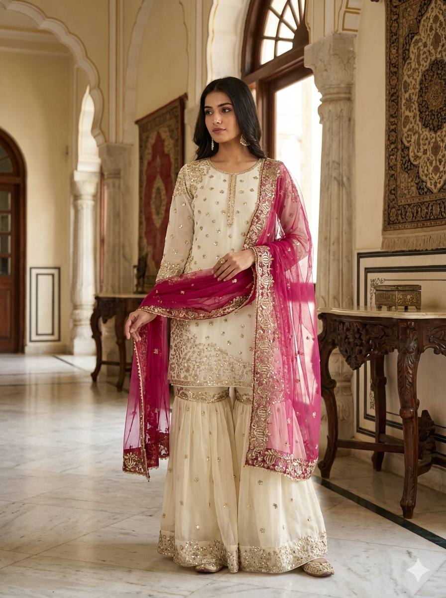 Elegant Fendy Silk Full Sleeves Sharara Suit With Pink Dupatta