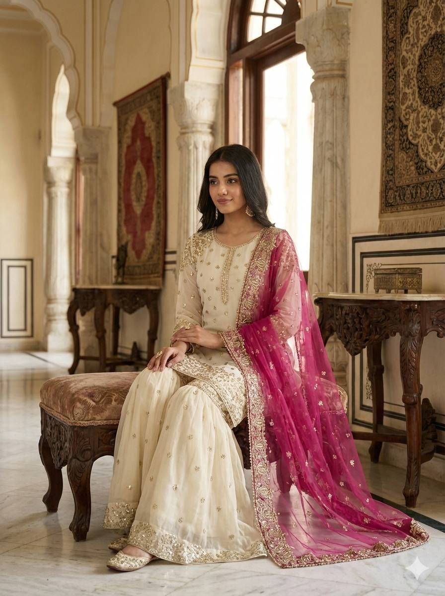 Elegant Fendy Silk Full Sleeves Sharara Suit With Pink Dupatta