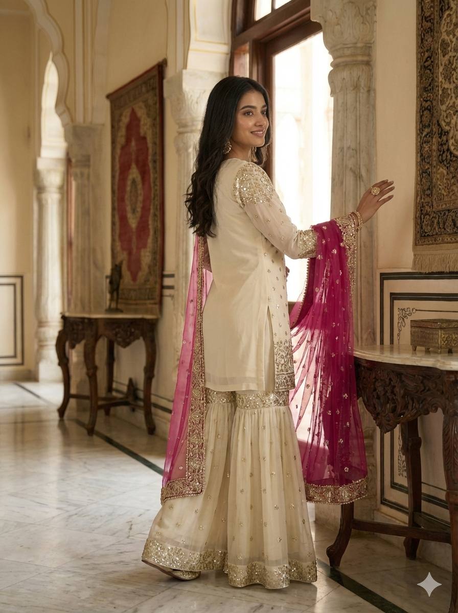 Elegant Fendy Silk Full Sleeves Sharara Suit With Pink Dupatta