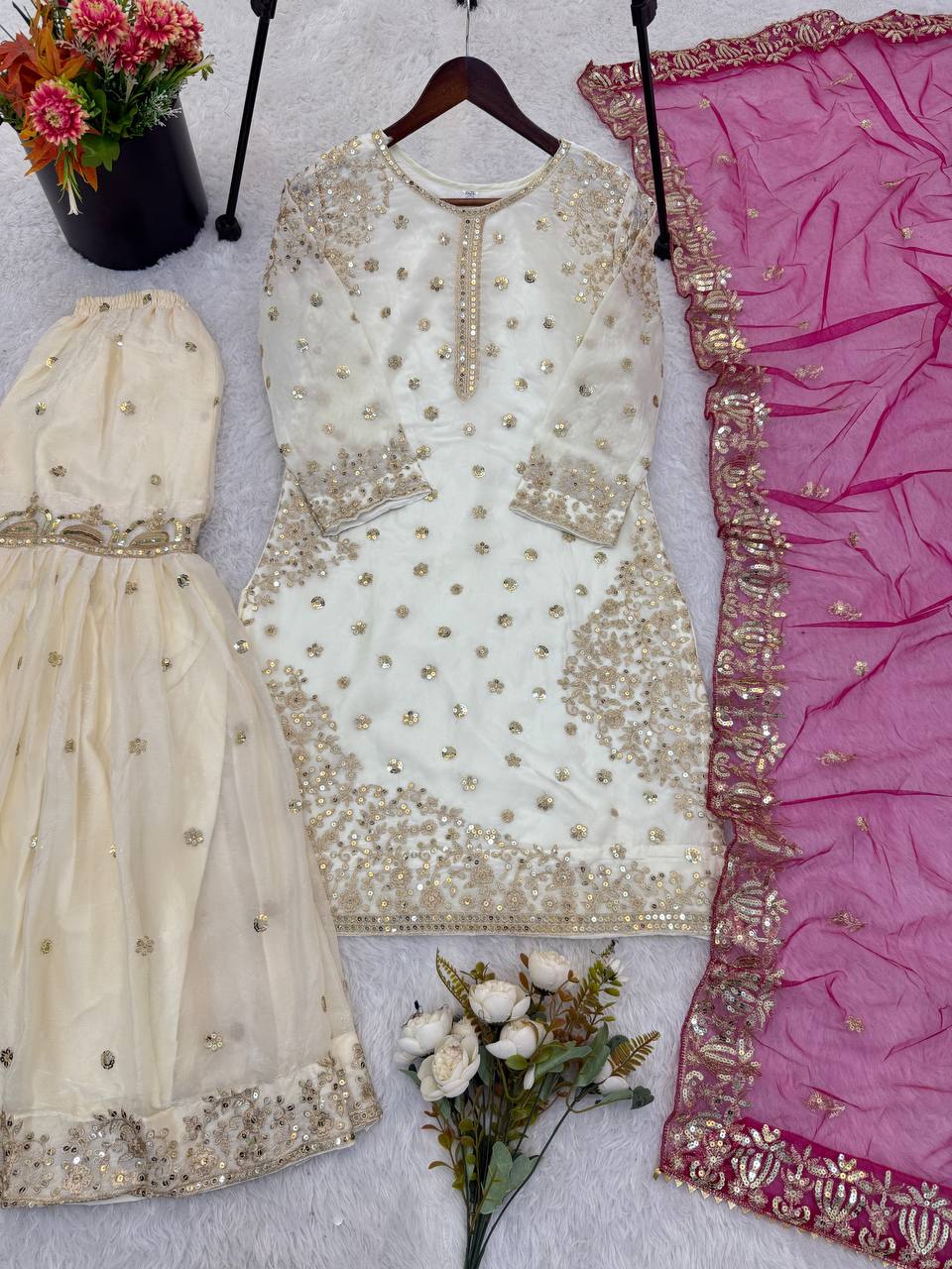 Elegant Fendy Silk Full Sleeves Sharara Suit With Pink Dupatta