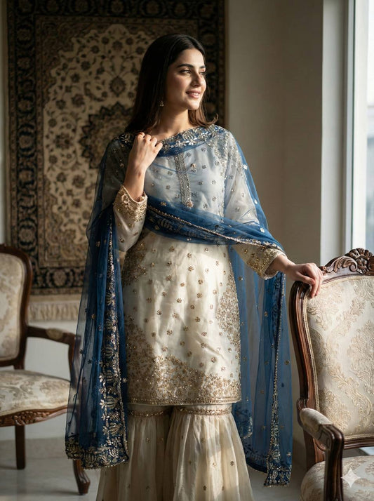 Elegant Fendy Silk Full Sleeves Sharara Suit With Navy Dupatta