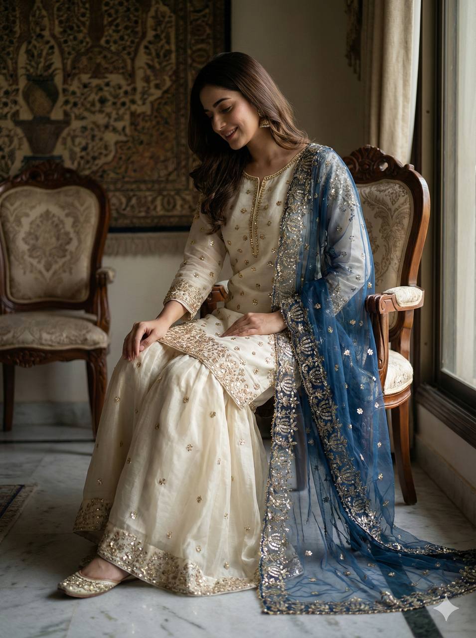 Elegant Fendy Silk Full Sleeves Sharara Suit With Navy Dupatta