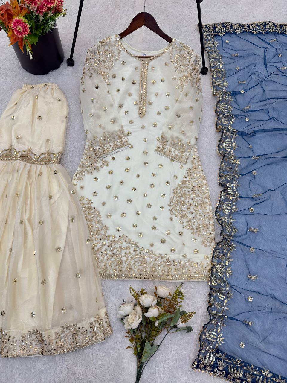 Elegant Fendy Silk Full Sleeves Sharara Suit With Navy Dupatta