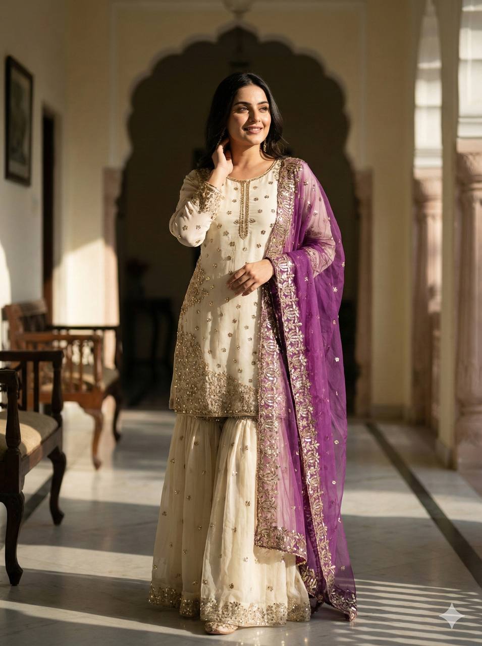 Elegant Fendy Silk Full Sleeves Sharara Suit With Purple Dupatta