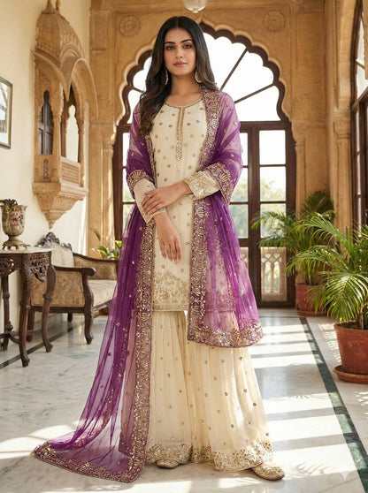 Elegant Fendy Silk Full Sleeves Sharara Suit With Purple Dupatta