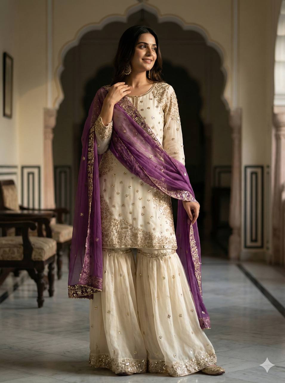 Elegant Fendy Silk Full Sleeves Sharara Suit With Purple Dupatta