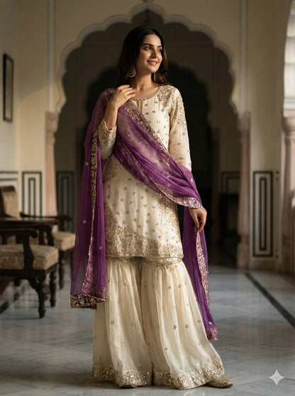 Elegant Fendy Silk Full Sleeves Sharara Suit With Purple Dupatta
