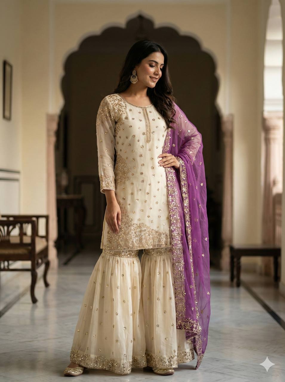Elegant Fendy Silk Full Sleeves Sharara Suit With Purple Dupatta