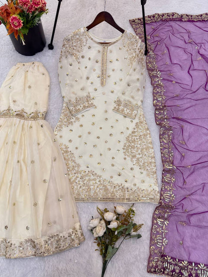 Elegant Fendy Silk Full Sleeves Sharara Suit With Purple Dupatta