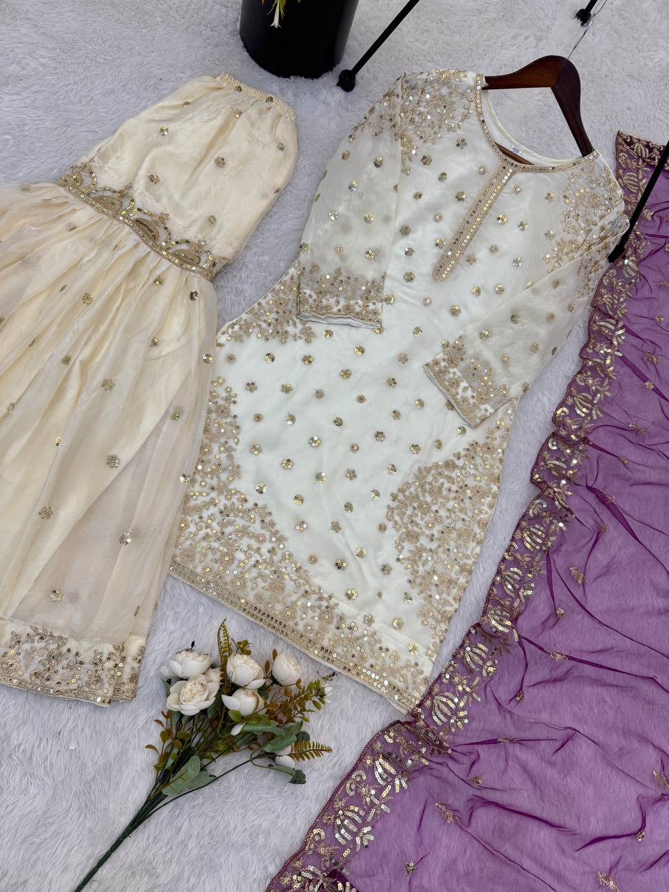 Elegant Fendy Silk Full Sleeves Sharara Suit With Purple Dupatta