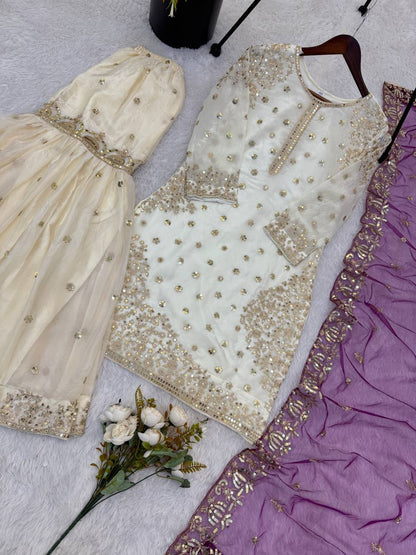 Elegant Fendy Silk Full Sleeves Sharara Suit With Purple Dupatta