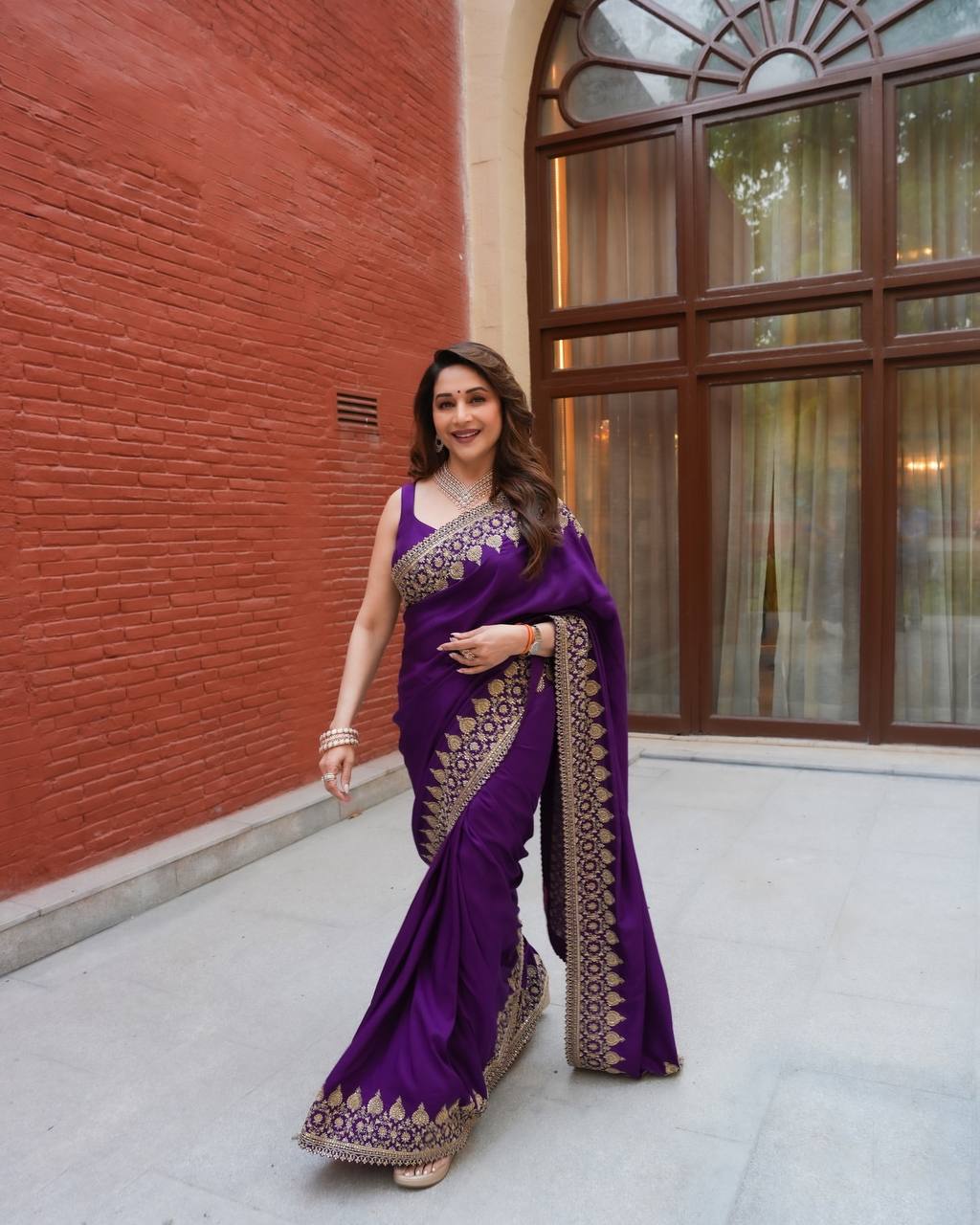 Madhuri Dixit Wear Purple Color Soft Rangoli Silk Sequence Embroidered Saree With Blouse