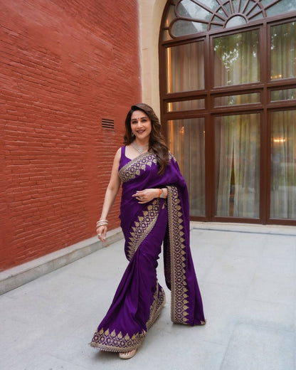 Madhuri Dixit Wear Purple Color Soft Rangoli Silk Sequence Embroidered Saree With Blouse