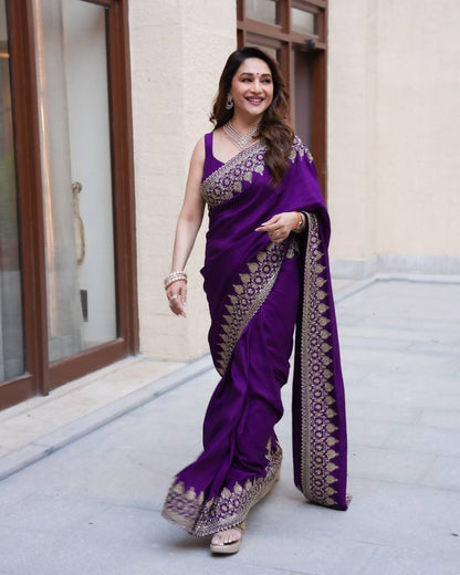 Madhuri Dixit Wear Purple Color Soft Rangoli Silk Sequence Embroidered Saree With Blouse