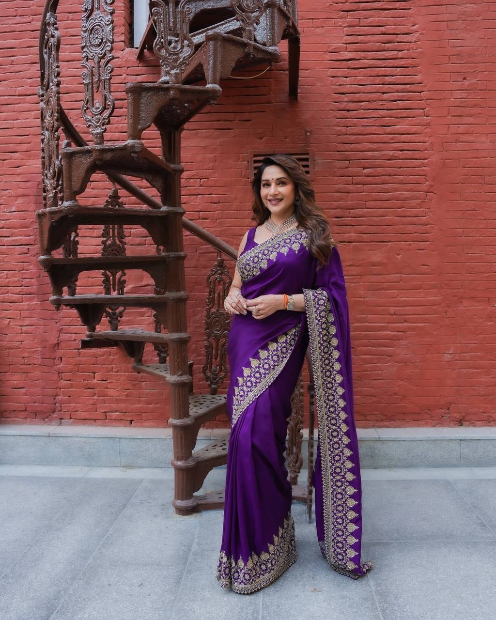 Madhuri Dixit Wear Purple Color Soft Rangoli Silk Sequence Embroidered Saree With Blouse