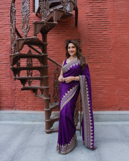 Madhuri Dixit Wear Purple Color Soft Rangoli Silk Sequence Embroidered Saree With Blouse