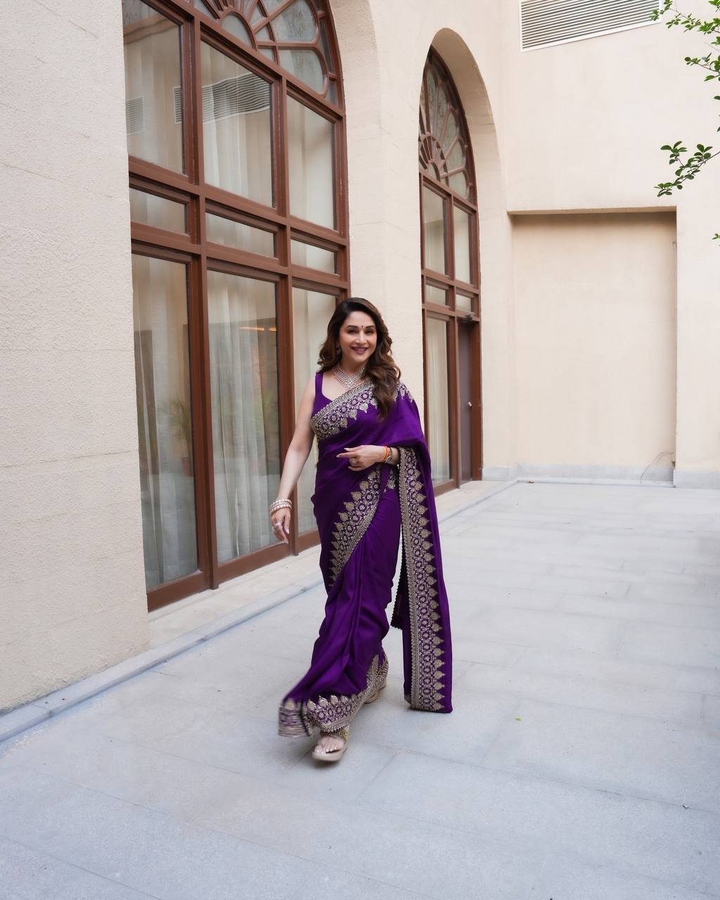 Madhuri Dixit Wear Purple Color Soft Rangoli Silk Sequence Embroidered Saree With Blouse