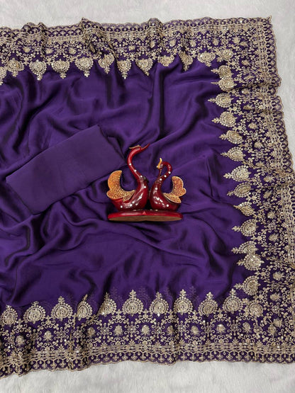 Madhuri Dixit Wear Purple Color Soft Rangoli Silk Sequence Embroidered Saree With Blouse