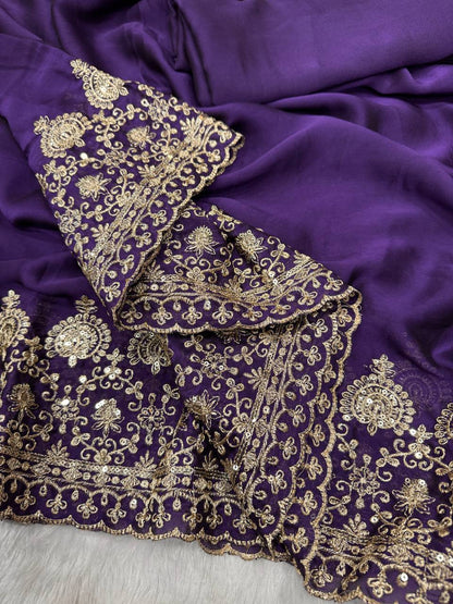Madhuri Dixit Wear Purple Color Soft Rangoli Silk Sequence Embroidered Saree With Blouse