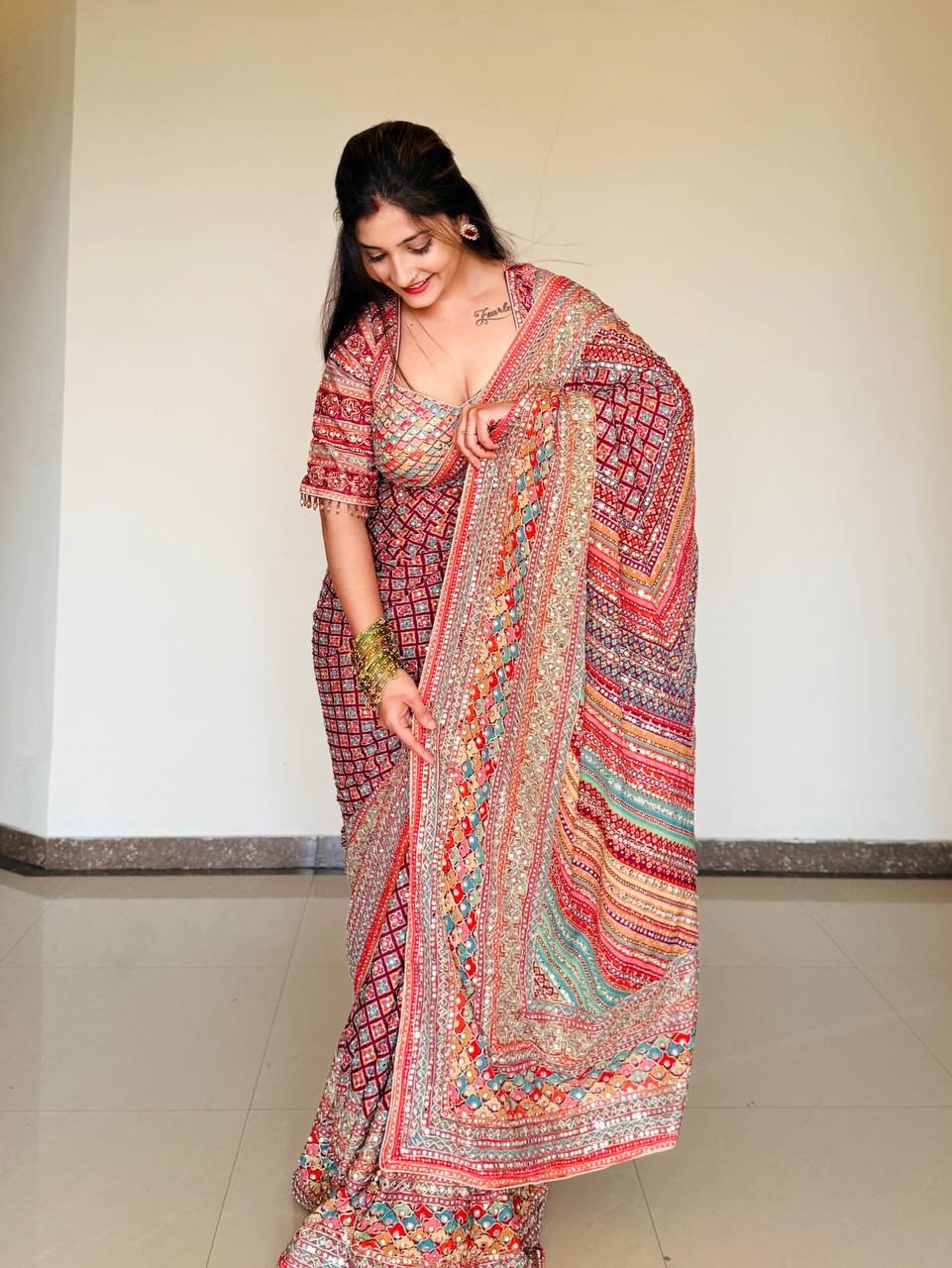 Function Wear Pink Color Soft Chinon With Beautiful Printed Saree With Blouse
