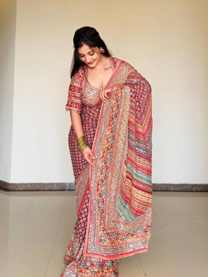 Function Wear Pink Color Soft Chinon With Beautiful Printed Saree With Blouse