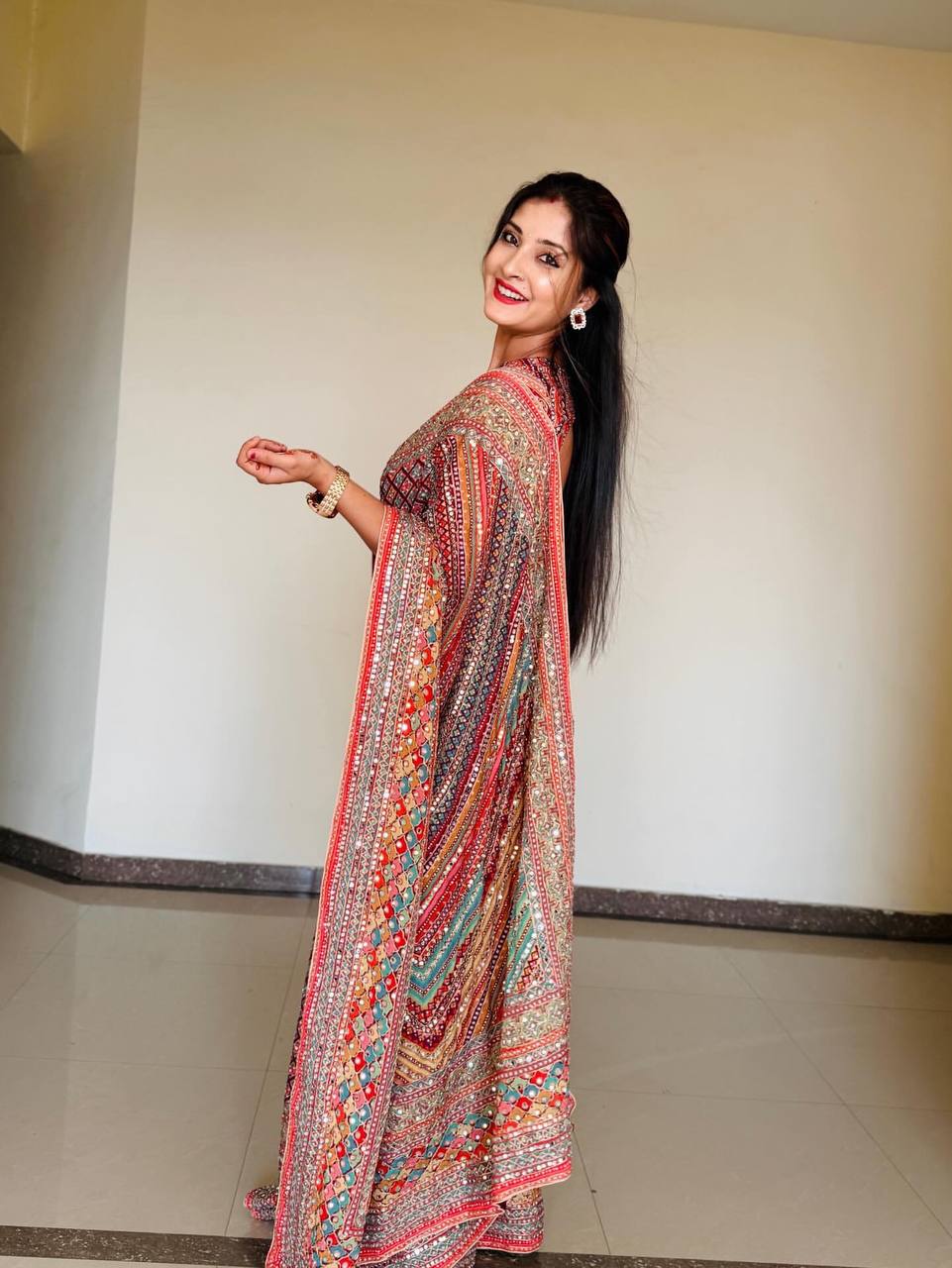 Function Wear Pink Color Soft Chinon With Beautiful Printed Saree With Blouse