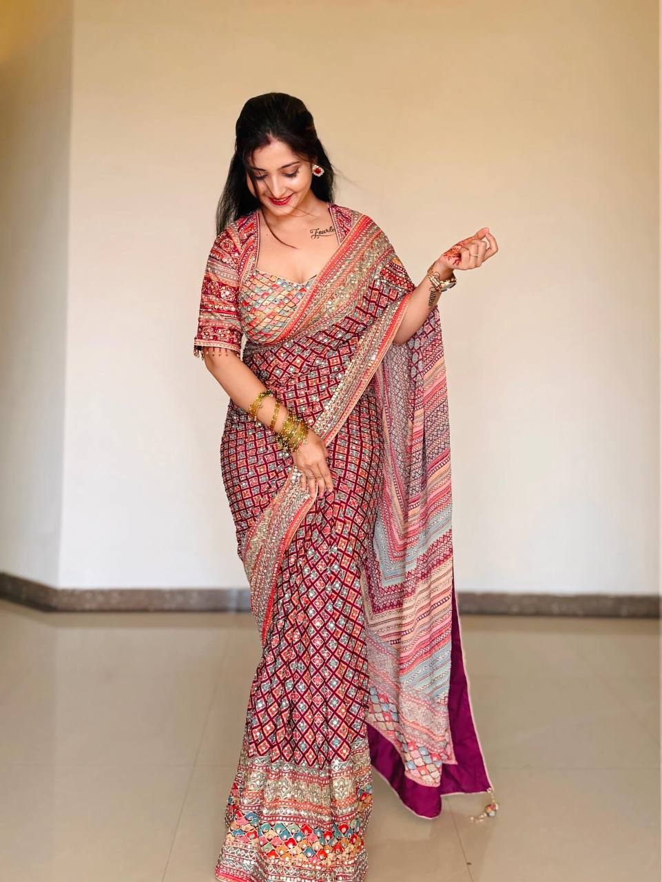 Function Wear Pink Color Soft Chinon With Beautiful Printed Saree With Blouse