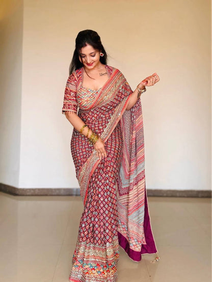 Function Wear Pink Color Soft Chinon With Beautiful Printed Saree With Blouse