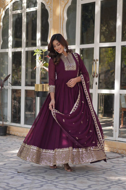 Party Wine Color Faux Blooming Georgette With Rich Sequins Embroidered Work Designer Gown