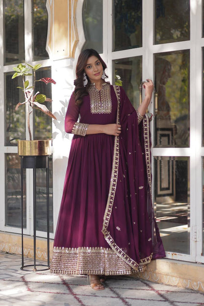 Party Wine Color Faux Blooming Georgette With Rich Sequins Embroidered Work Designer Gown