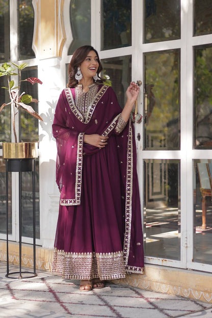 Party Wine Color Faux Blooming Georgette With Rich Sequins Embroidered Work Designer Gown