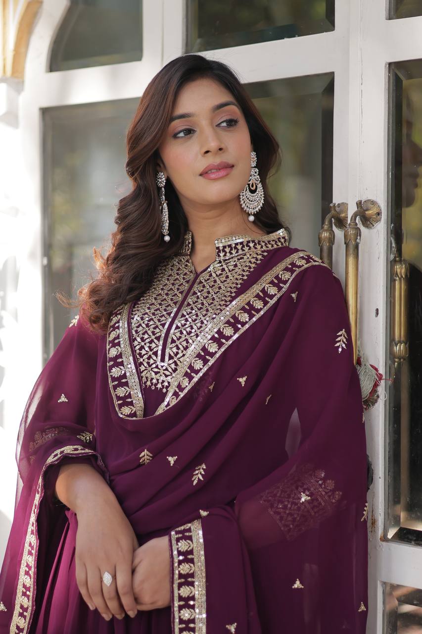Party Wine Color Faux Blooming Georgette With Rich Sequins Embroidered Work Designer Gown