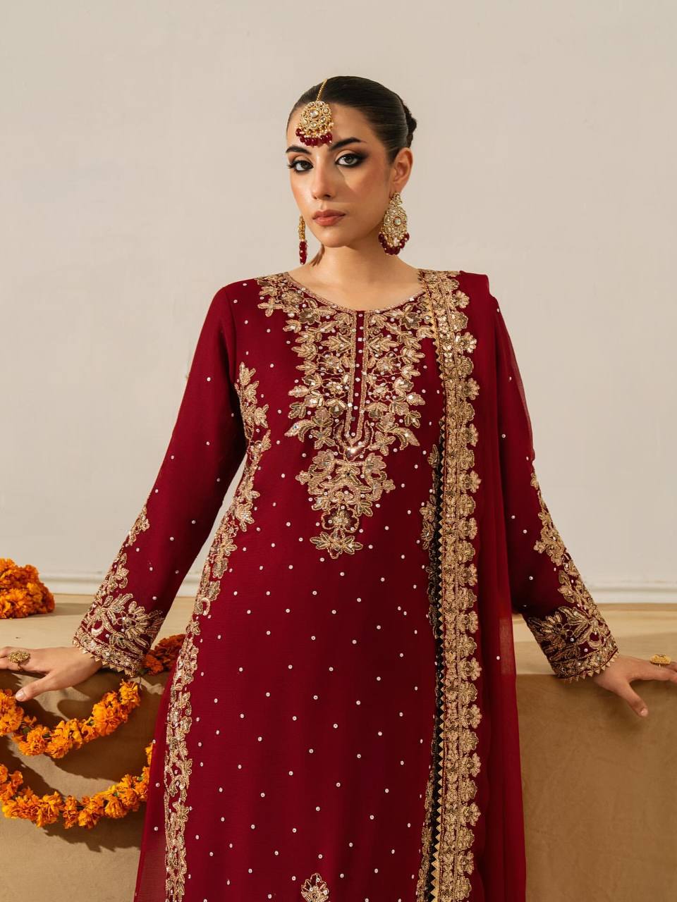 Sangeet Wear Maroon Color Coding Sequence Work Sharara Set