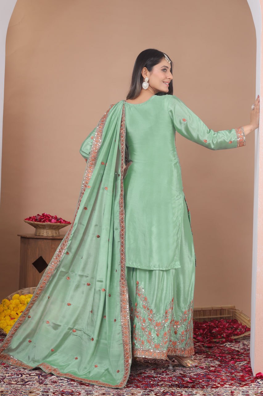 Awesome Green Color Sequence Embroidered Work Palazzo Suit