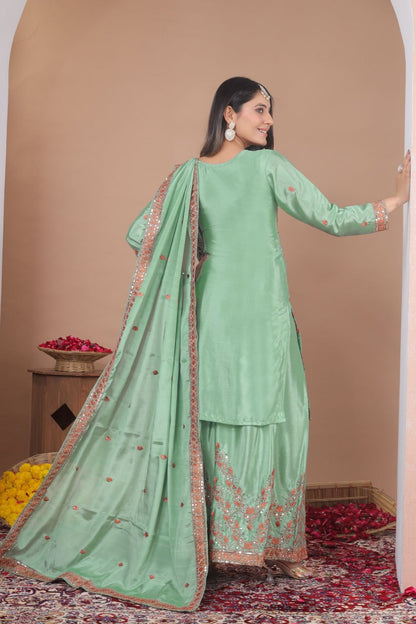 Awesome Green Color Sequence Embroidered Work Palazzo Suit