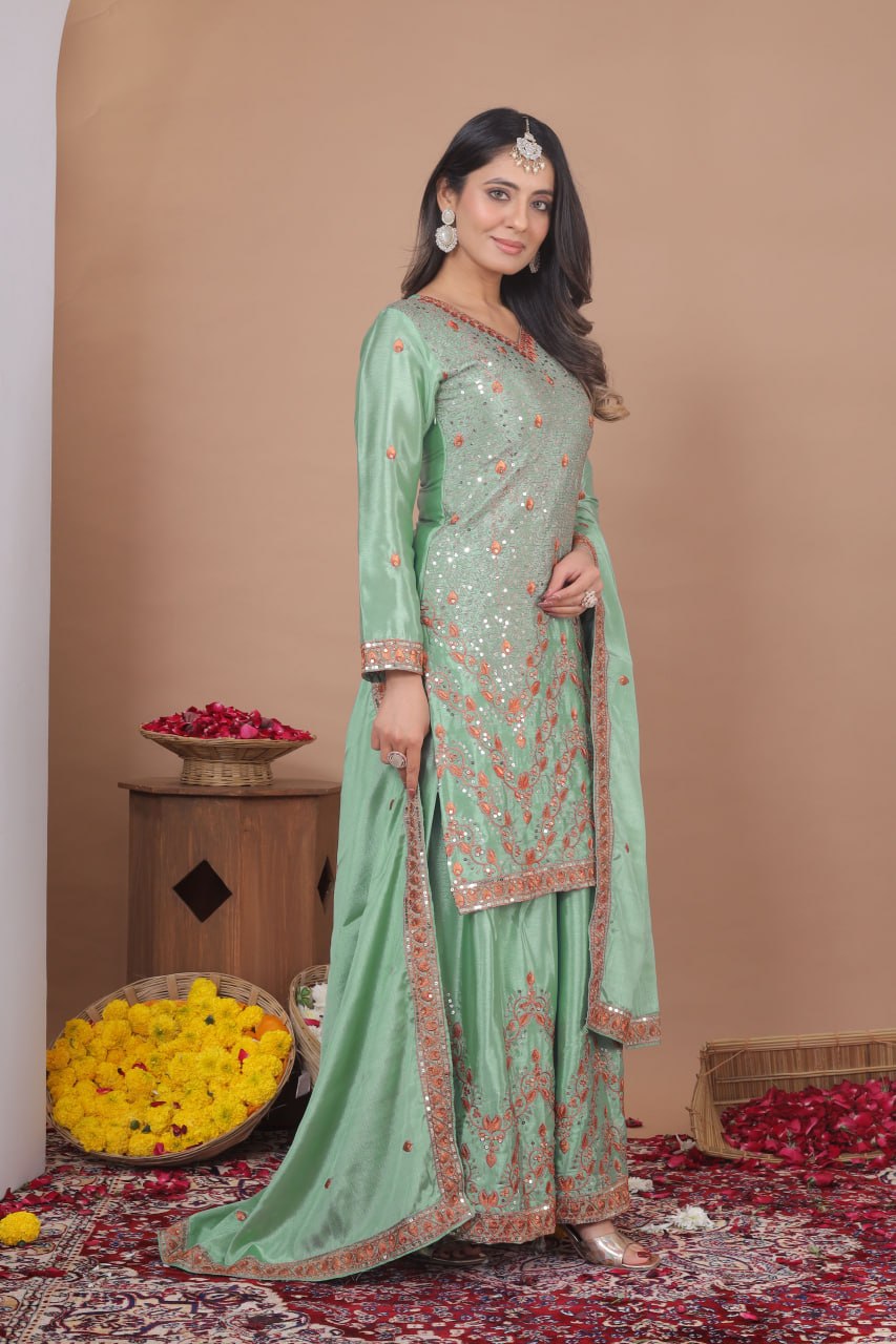 Awesome Green Color Sequence Embroidered Work Palazzo Suit