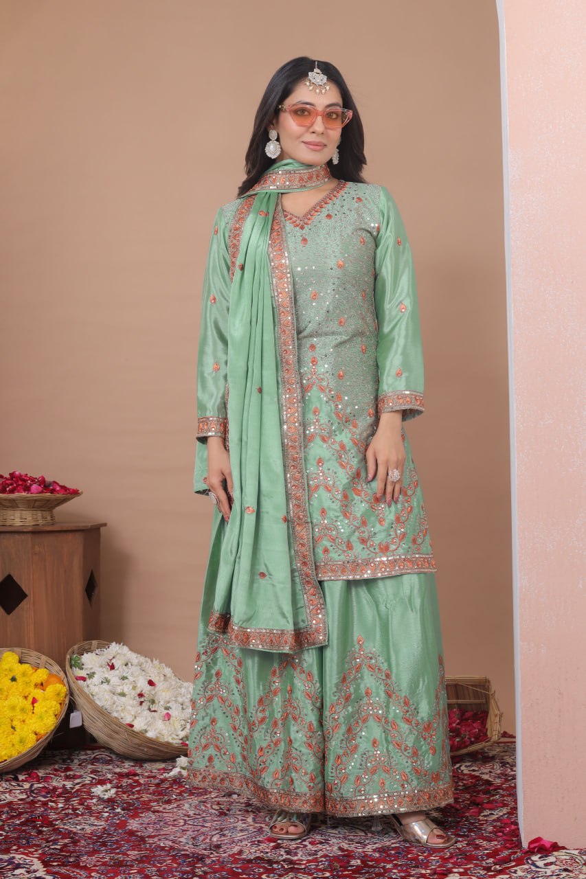 Awesome Green Color Sequence Embroidered Work Palazzo Suit