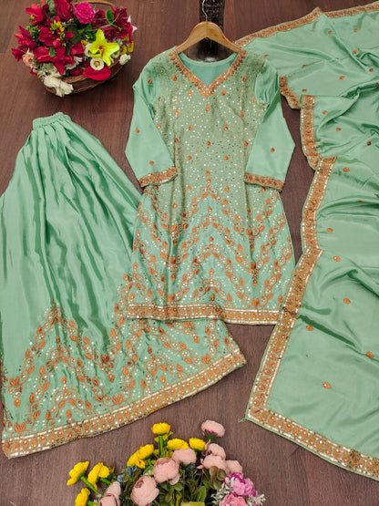 Awesome Green Color Sequence Embroidered Work Palazzo Suit