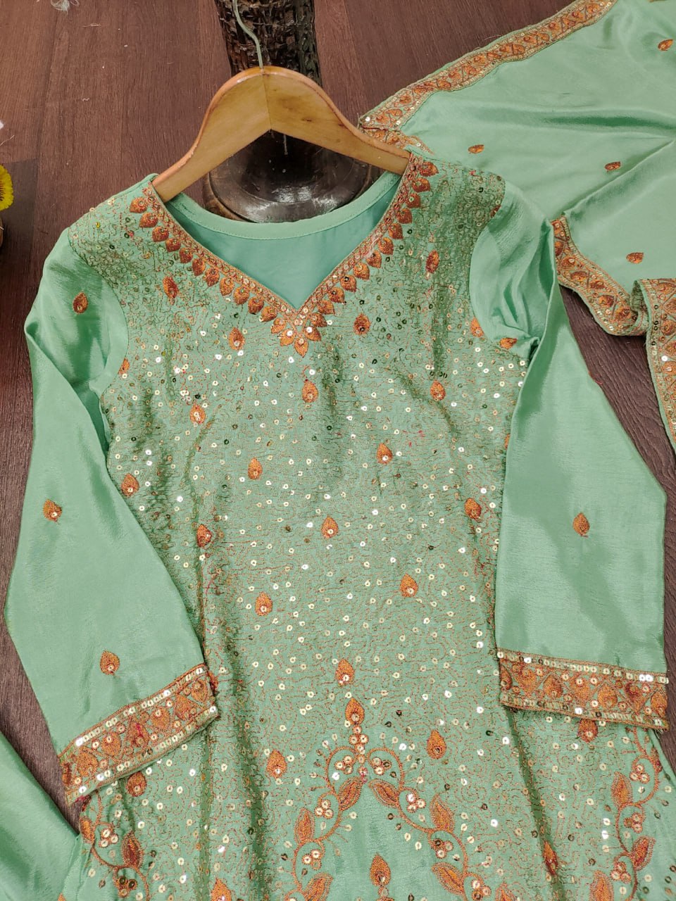 Awesome Green Color Sequence Embroidered Work Palazzo Suit