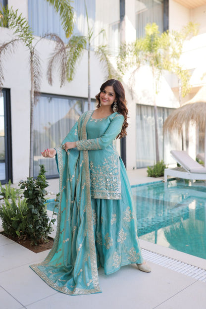 Attractive Light Blue Color Embroidered Sharara Suit Set