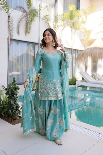 Attractive Light Blue Color Embroidered Sharara Suit Set