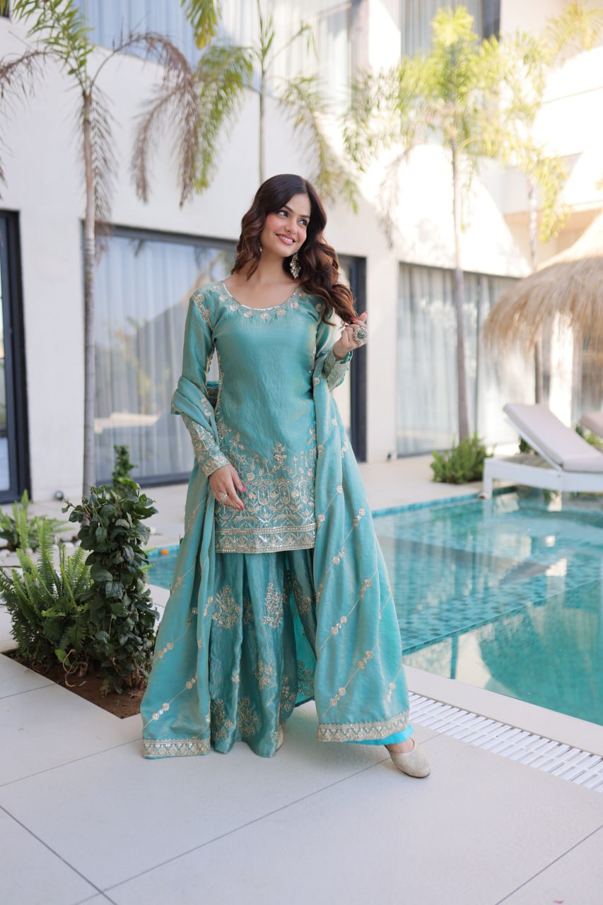 Attractive Light Blue Color Embroidered Sharara Suit Set