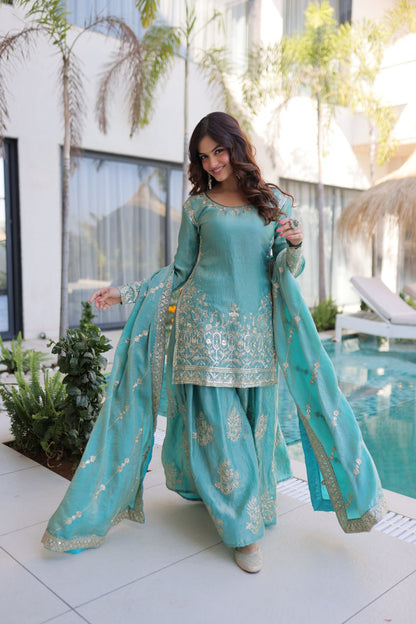 Attractive Light Blue Color Embroidered Sharara Suit Set